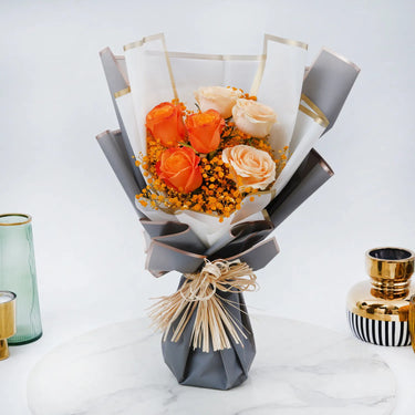 Orange and Peach Roses, Bouquet of Vibrance, Orange Roses, Peach Roses, Pittosporum